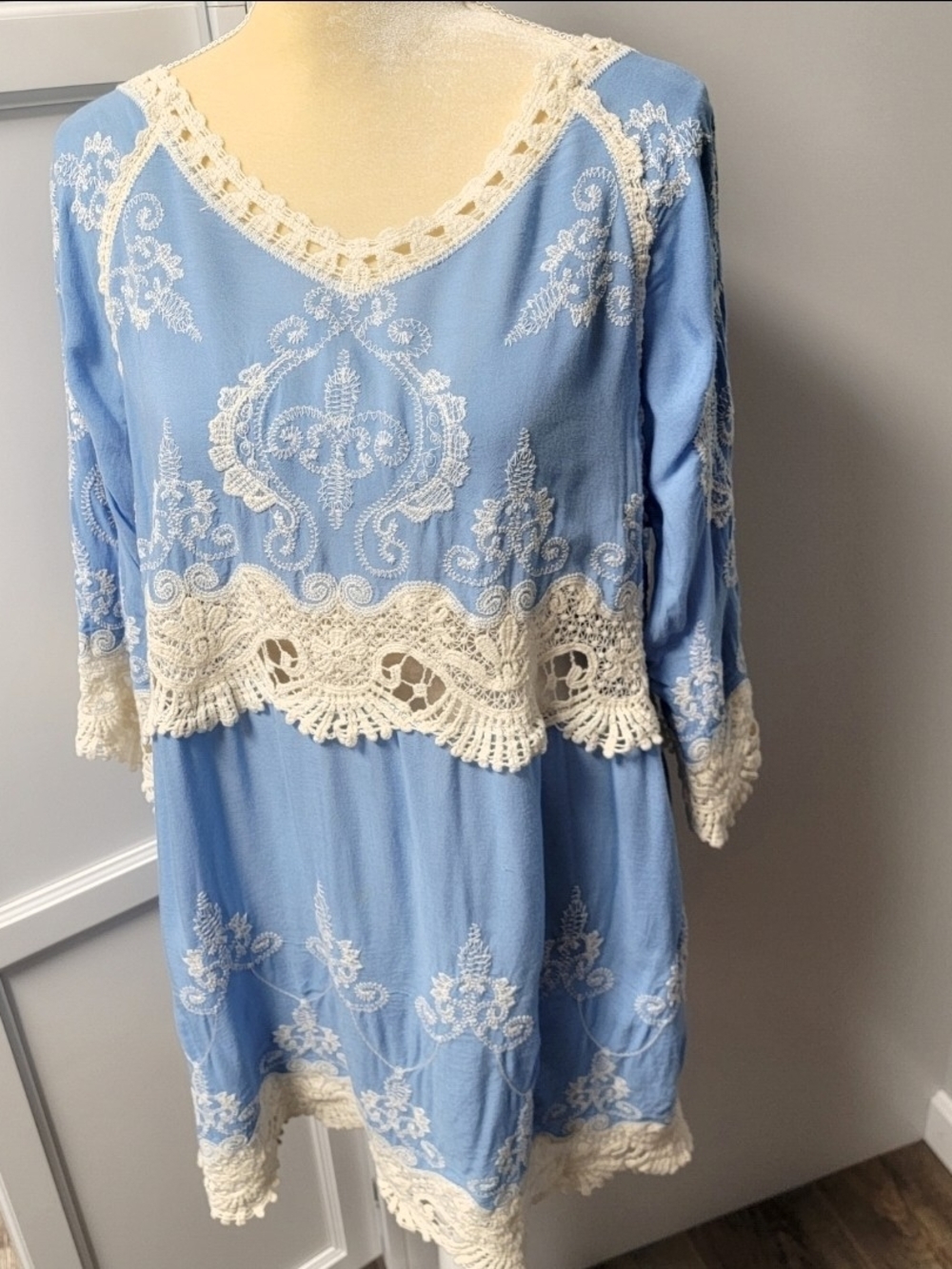 Beachy Shoreline Boho Tunic Womens Large XL Peasant Crochet Hippie Embroidered